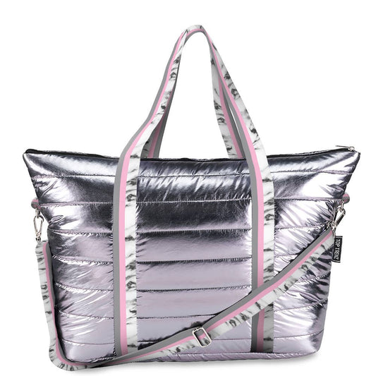 Gunmetal Puffer Tote w/ White Marble Stripe Straps