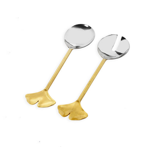 Ginko Salad Servers with Gold Handle and Flower Tip