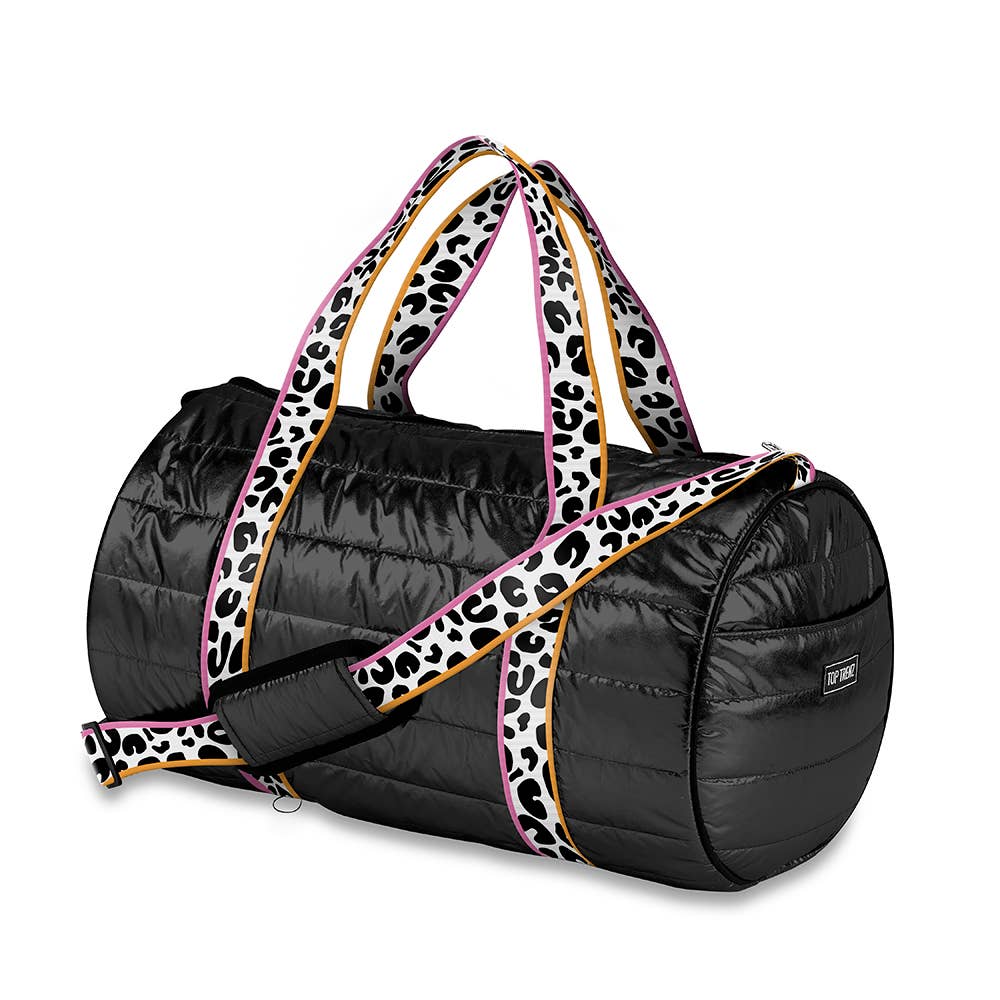 Black Puffer Duffle Bag Leopard Stripe Straps