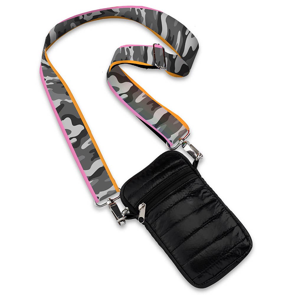 Black Puffer Cell Bag Grey Camo Stripe Strap